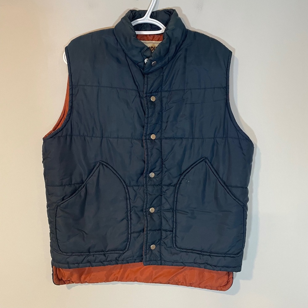 Vintage Campus Rugged Country Navy Blue Quilted Puffer Vest Mens M Snap‎ Outdoor